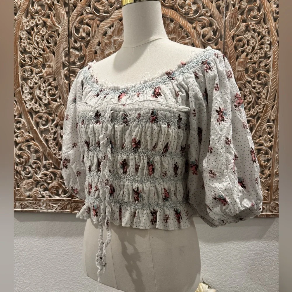 Anthropologie Puff-Sleeve Smocked Floral Blouse, Boho Country Chic Cottagecore